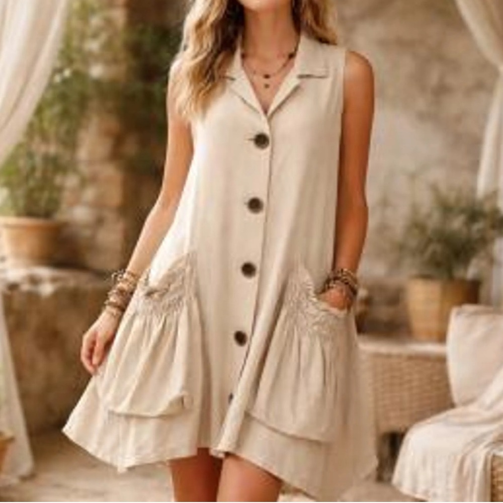 NEW For Cynthia Linen Blend Front Button Boho Dress